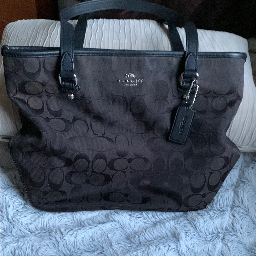 Coach Dark Brown/Black Signature Canvas Tote with Black Trim
